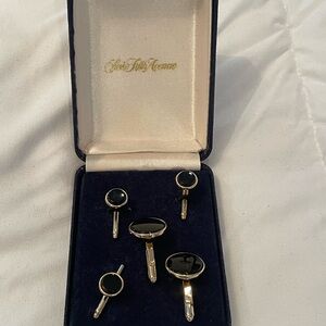 Saks Fifth Ave Black Onyx Gold Tuxedo Set Cufflinks Buttons 14Kt GF Prom